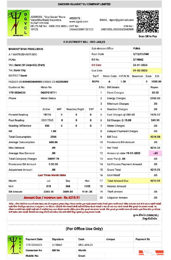 INDIA DGVCL utility bill Word and PDF template